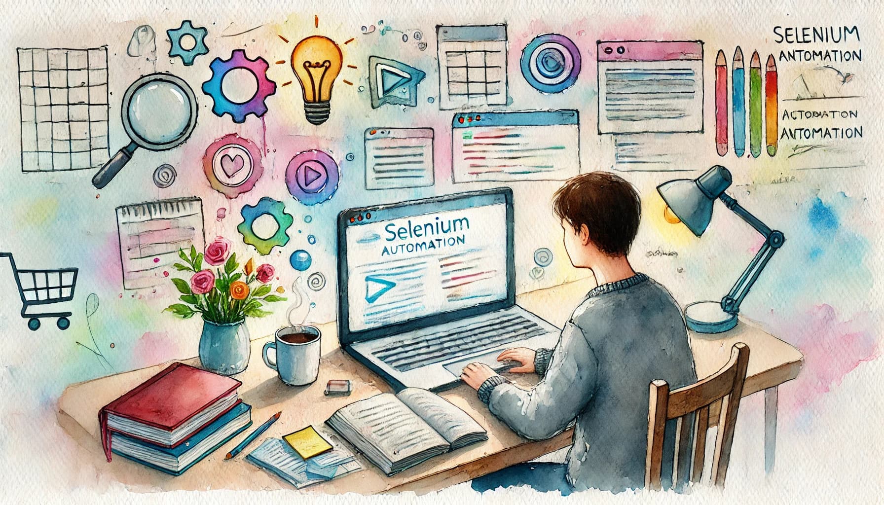 A watercolor painting depicting a beginner learning the Selenium automation tool.