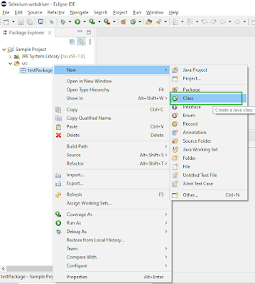 Eclipse IDE context menu showing New → Class option to create a Java class