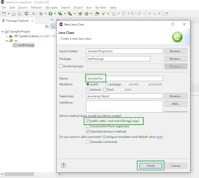 Eclipse new Java class dialog with class name set to 'SampleTest' and main method checkbox selected