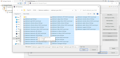 Selecting all Selenium WebDriver JAR files from the unzipped folder to add in Eclipse