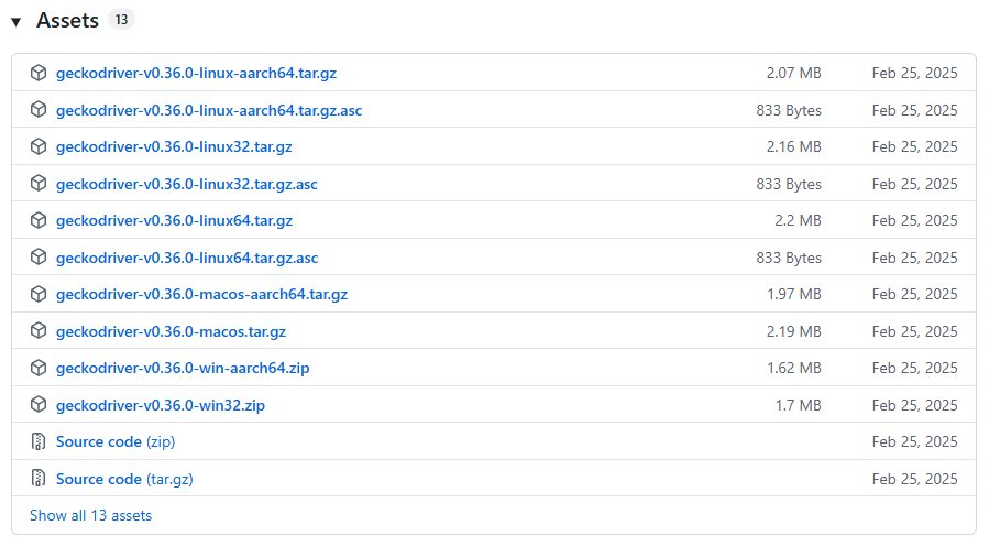 Download the latest Geckodriver for Firefox Selenium from the official GitHub releases page