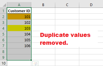 duplicate values removed from column using Remove Duplicates feature duplicate values removed from column