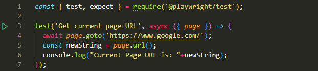 JavaScript code example showing how to get the current page URL using Playwright.
