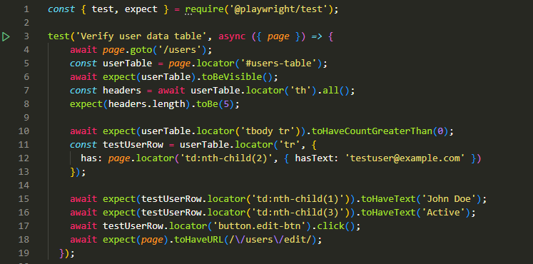 Playwright JavaScript code to handle table