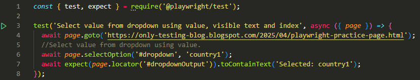 Playwright code example selecting dropdown value using selectOption method.