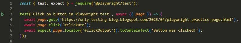 Playwright code example showing how to click a button using the click() method with a browser simulation