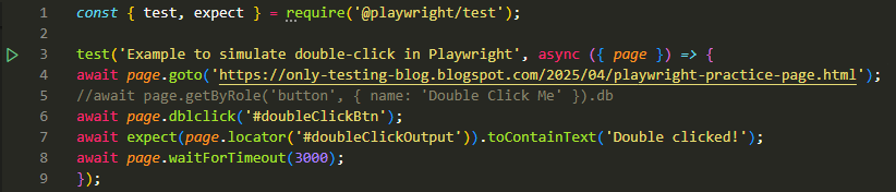 Playwright example to simulate double click action on button.