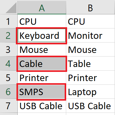 column comparison result using find and select tool in Excel column comparison result