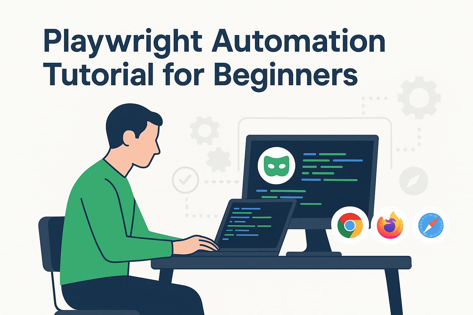 Illustration showing Playwright automation tutorial for beginners with a developer coding, browser icons, and Playwright logo on screen
