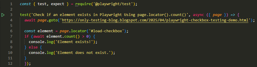 Check if an element exists in Playwright Using count() method