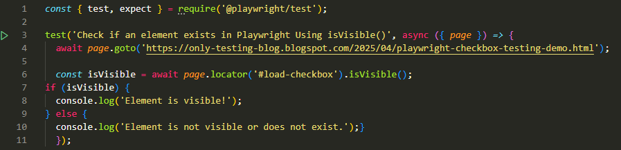 Check if an element exists in Playwright Using isVisible() method