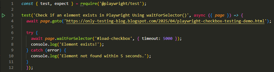 Check if an element exists in Playwright Using waitForSelector() method
