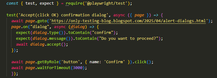 Javascript code example to handle confirm alert dialog in playwright