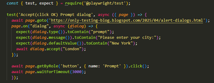 Javascript code example to handle prompt alert dialog in playwright