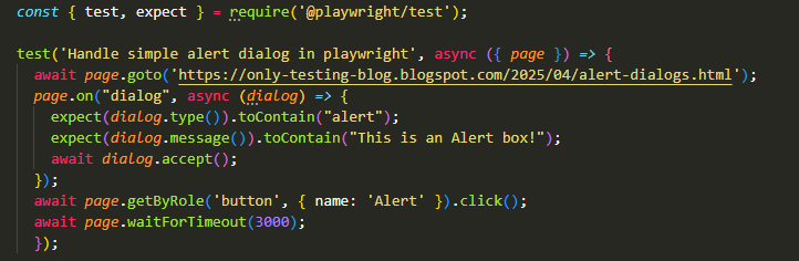 Javascript code to handle simple alert dialog in playwright