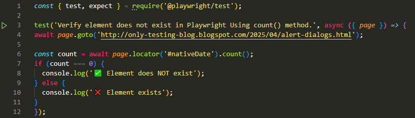 Verify element does not exist in Playwright Using count() method