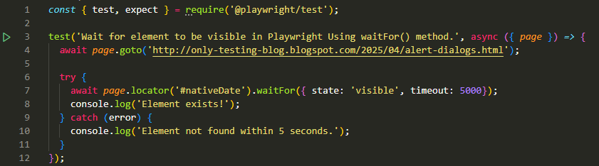 Wait for element to be visible in Playwright Using waitFor() method