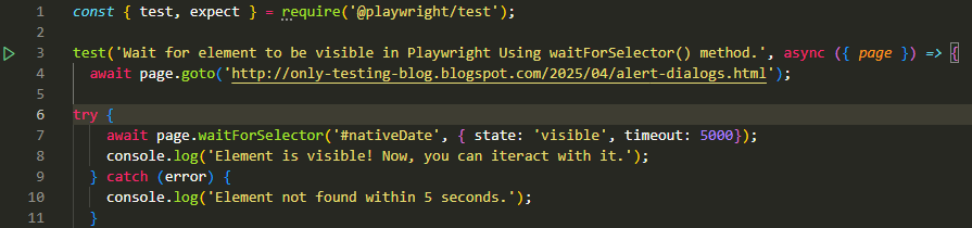 Wait for element to be visible in Playwright Using waitForSelector() method