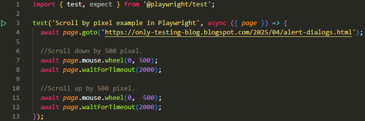 code to scroll by pixel using wheel method in Playwright