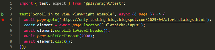 code to scroll to an Element using the scrollIntoViewIfNeeded method in Playwright.