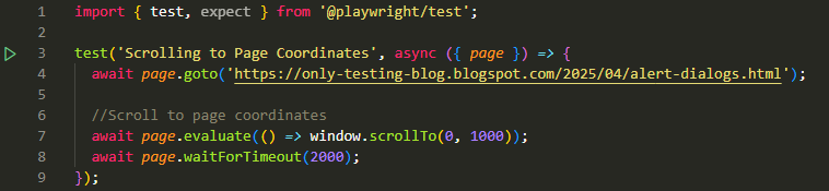 code to scroll to page coordinates using scrollTo() method in Playwright