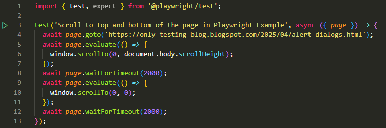 code to scroll to top or bottom of the page in Playwright