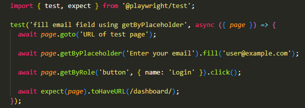 Example of fill email field using getByPlaceholder locator in playwright