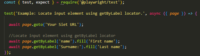 Locate input element using getByLabel locator in Playwright.
