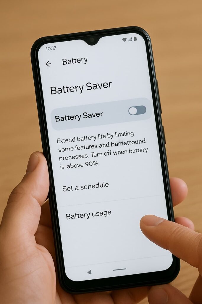 User enabling battery saver mode in smartphone power settings to prevent screen from turning black