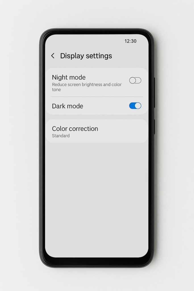 Change display settings on a modern smartphone screen with brightness and color adjustment options