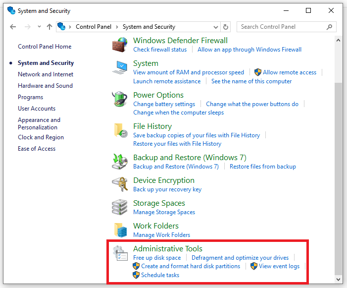 Clicking on Administrative Tools in System and Security section of Control Panel to access Windows Services Manager