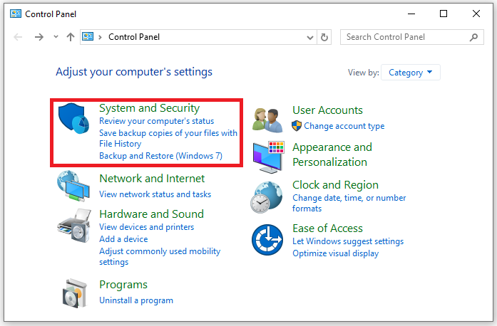 Clicking on System and Security option in Control Panel to access Windows services settings