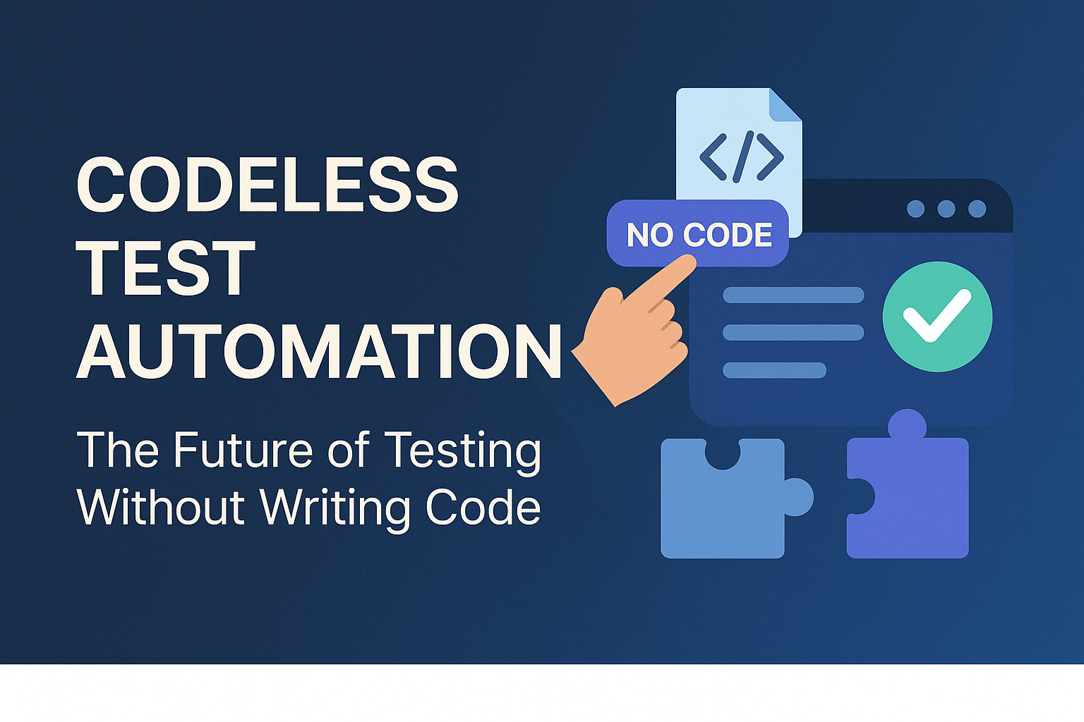 Illustration of codeless test automation showing visual interface, drag-and-drop elements, and testing tools dashboard in a digital environment