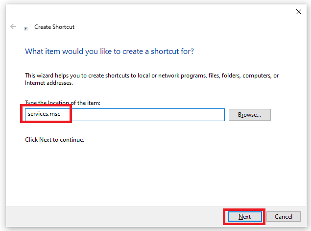Enter services.msc as shortcut location and name it Services Manager