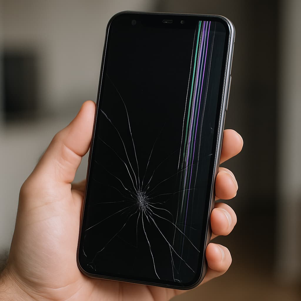A person examining a smartphone screen with visible hardware or display issues such as screen flickering or color distortion.