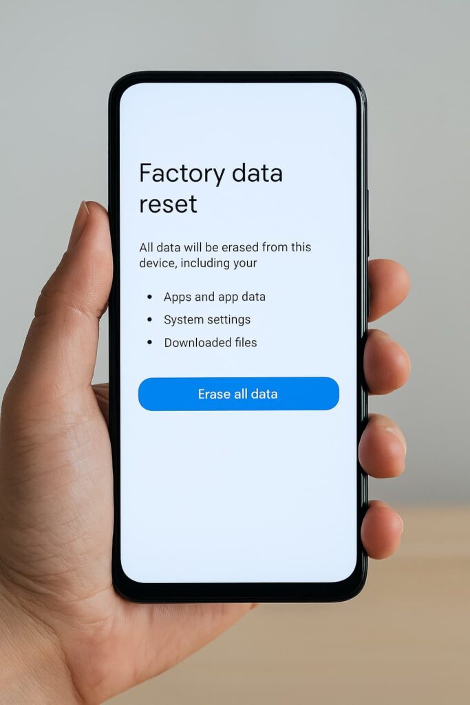Close-up image of a person accessing the factory reset option in Android phone settings, used as a last resort to fix screen issues.