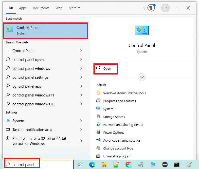 Opening Control Panel by typing Control Panel in Windows Search on Windows 10 or 11