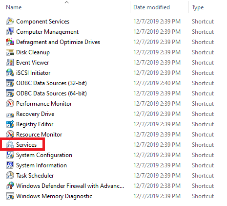 Clicking on Services from Administrative Tools to launch Windows Services Manager