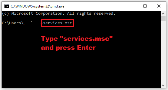 Command prompt showing how to open Windows Services Manager using services.msc
