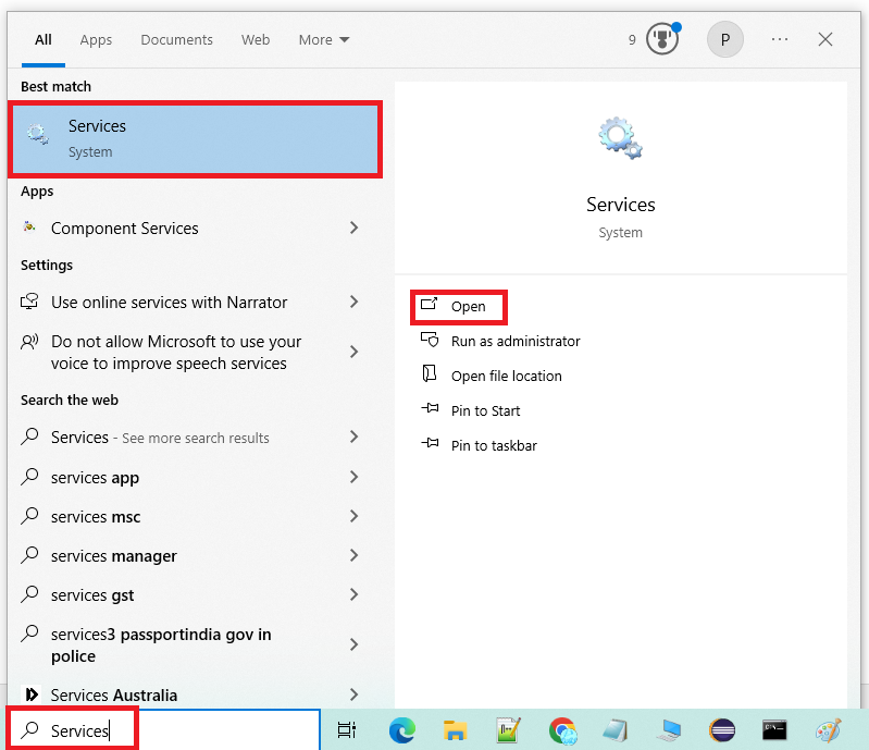Using Windows Search to open Windows Services Manager tool on Windows 10 or 11