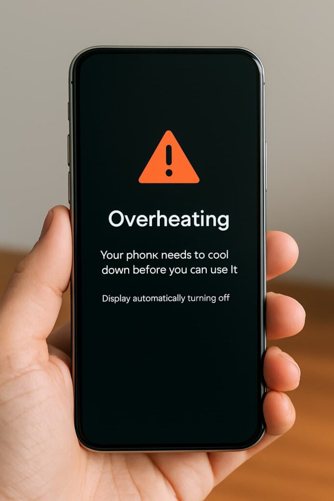 Smartphone overheating in hand due to heavy usage, leading to screen turning black or auto shutdown
