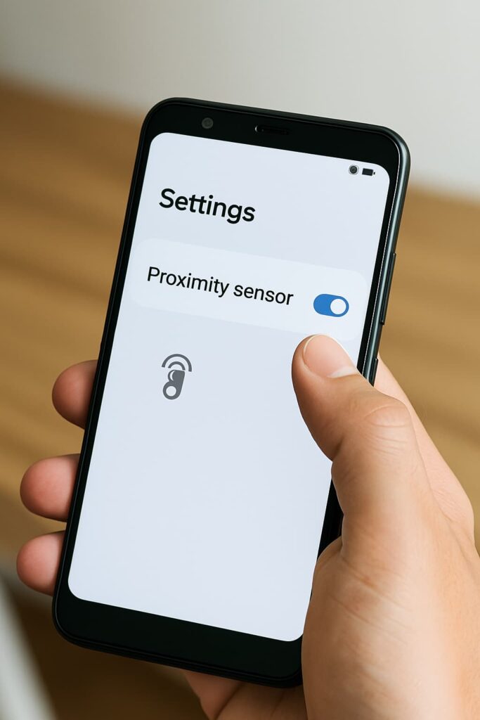 Person holding smartphone near ear with screen staying black due to proximity sensor malfunction