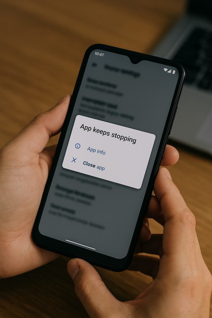 User holding smartphone with unresponsive black screen due to software or app glitch