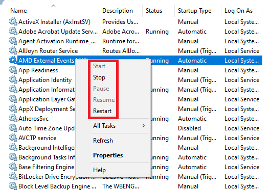 Right-click context menu in Windows Services Manager with Start and Stop options