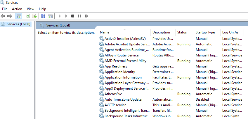 Windows Services Manager dialog box showing list of services in Windows