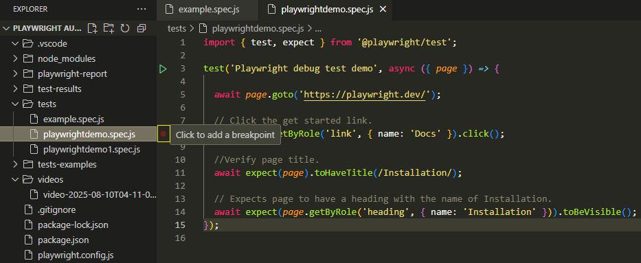 Adding a breakpoint in Visual Studio Code to debug test in Playwright by clicking in the left gutter next to line numbers