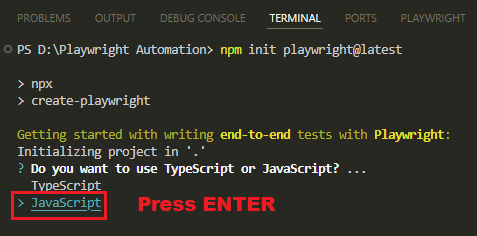 Selecting JavaScript in the Playwright setup prompt and pressing Enter in the VS Code terminal.