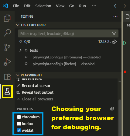 Selecting preferred browser for debugging from Playwright section in VS Code.