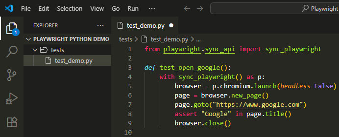 Created test_demo.py file inside tests folder in VS Code with Playwright test code
