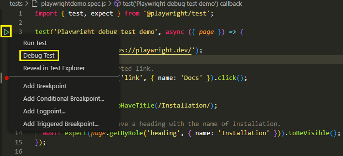 Debugging a Playwright test in Visual Studio Code by selecting the Debug test option from the Run icon context menu.